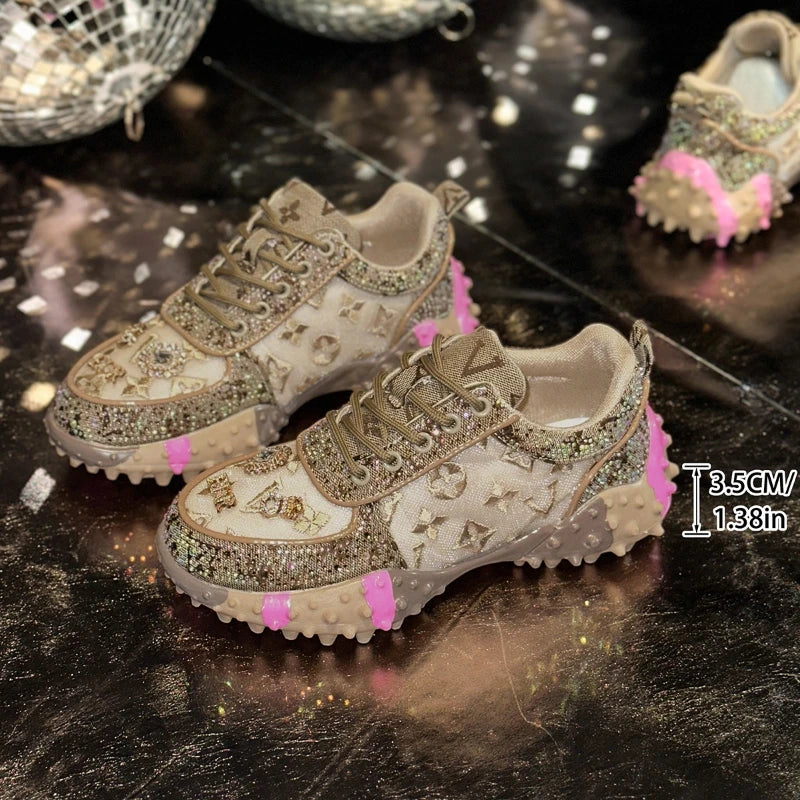 Embroidered orthopaedic Lace-Up Sneakers | Studded Casual Platform Shoes | Vintage Distressed Walking Sneakers