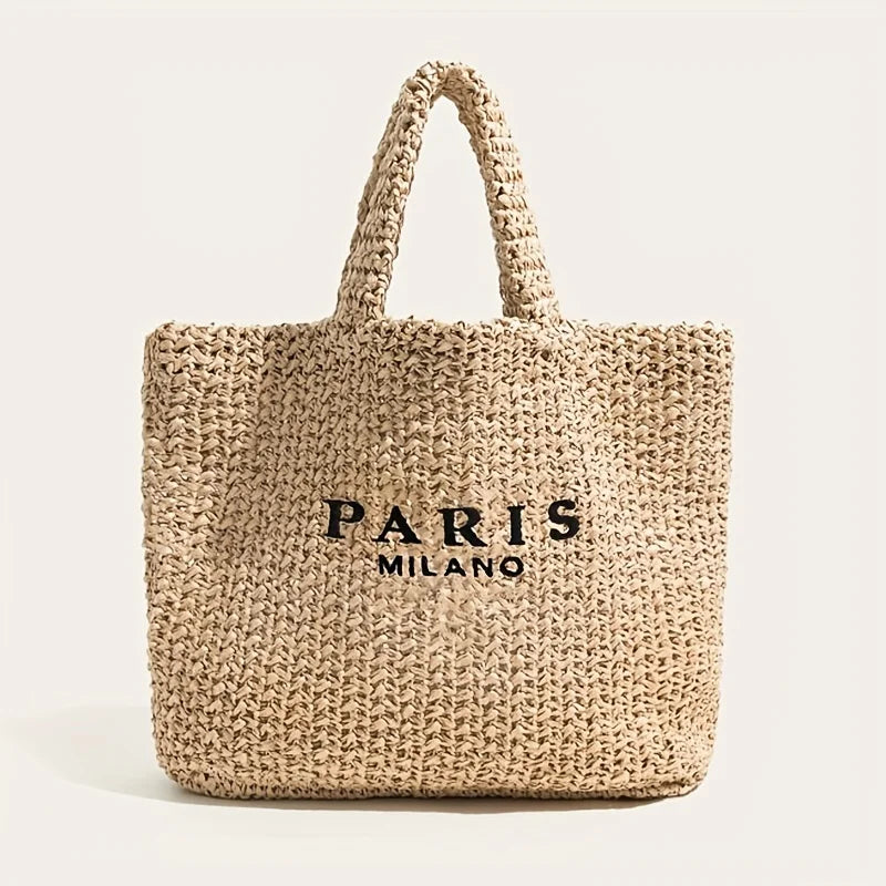 Woven Straw Tote Bag, Paris-Inspired Printed Handbag with Braided Handles, Spacious Summer Shoulder Purse for Beach, Travel & Everyday Use