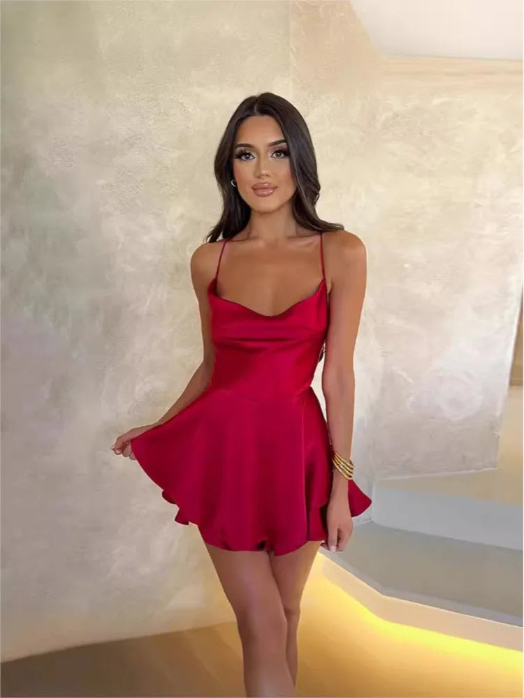 Satin Mini Dress – Cowl Neck Spaghetti Strap Dress with Fitted Bodice, Flared Skirt and Layered Hem for Parties & Date Nights