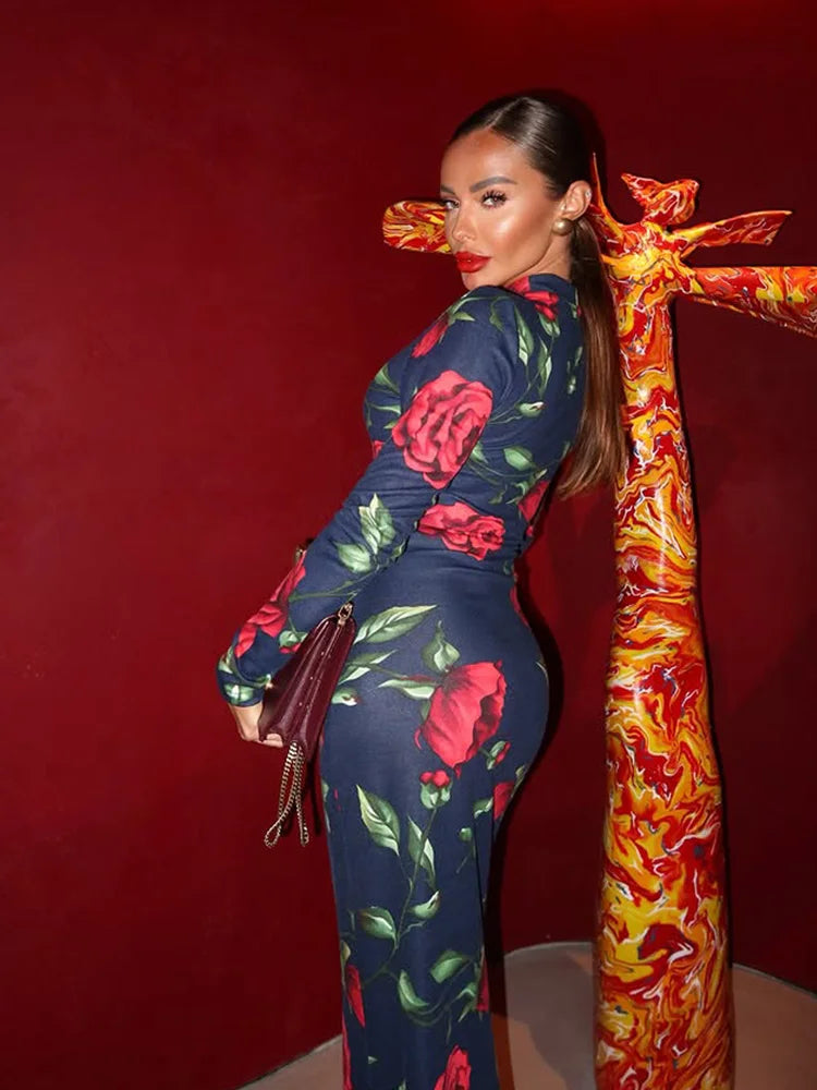 Floral Mermaid Maxi Dress – Long Sleeve High Neck Bodycon Gown with Rose Print, Fitted Silhouette and Flared Hem for Formal Events