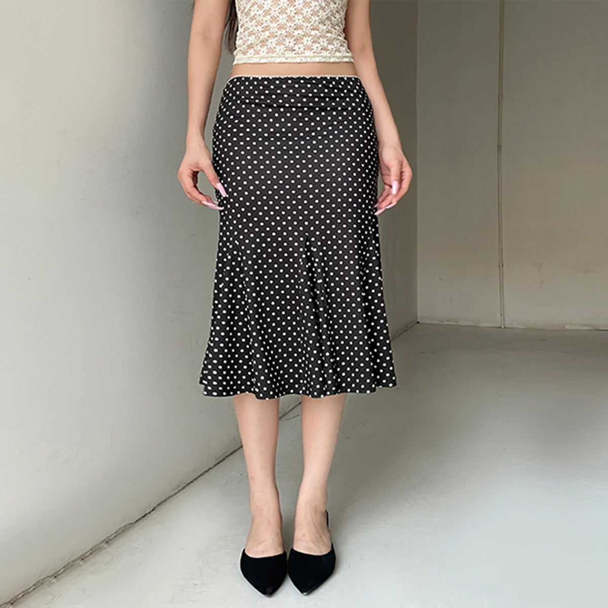High Waisted Polka Dot Midi Skirt A Line Flared Skirt Pleated Style Knee Length Casual Vintage Inspired Feminine