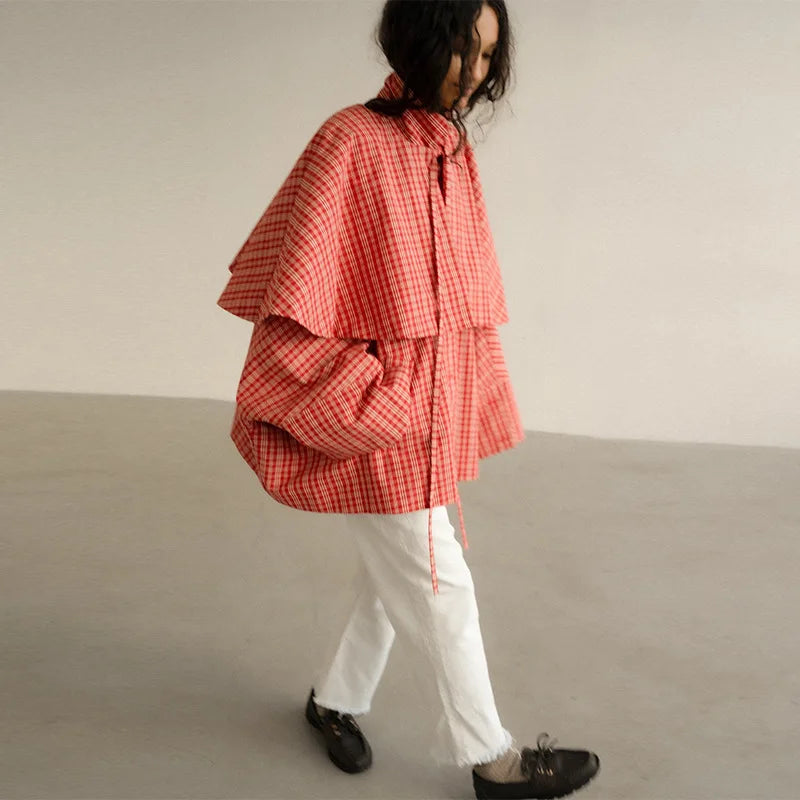 Plaid Cape Jacket, Red Checkered Hooded Jacket with Layered Flounce Yoke and Relaxed Fit, Statement Casual Outerwear