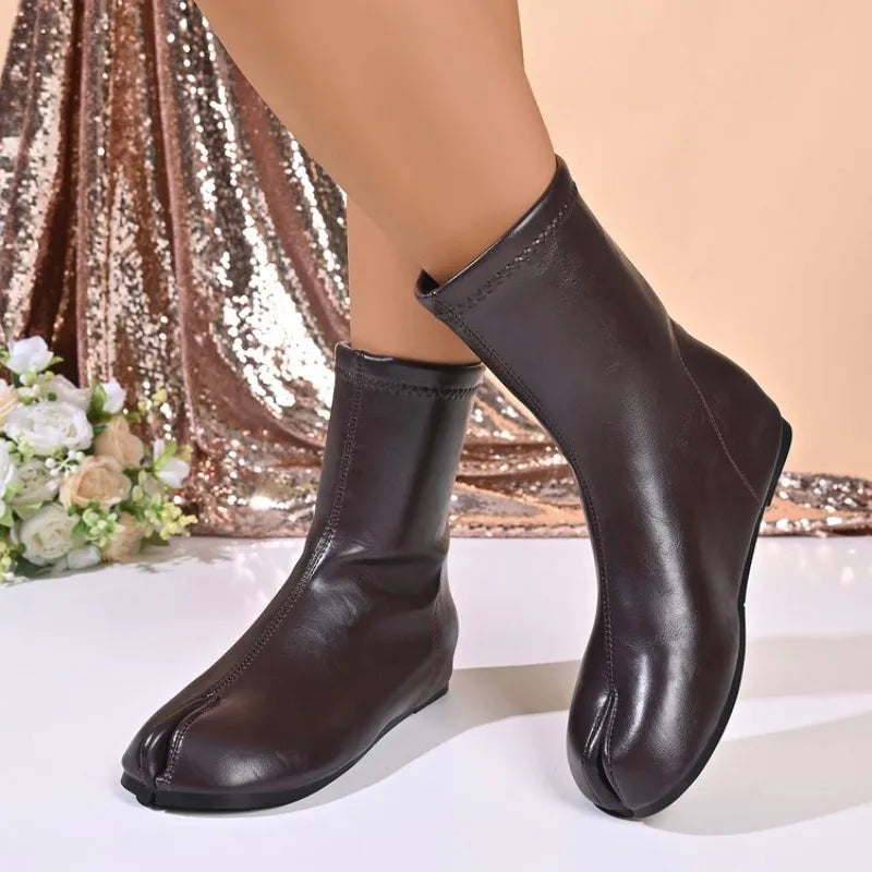 Tabi Ankle Boots | Split Toe Flat Booties | Minimalist Leather-Look Fashion Boots