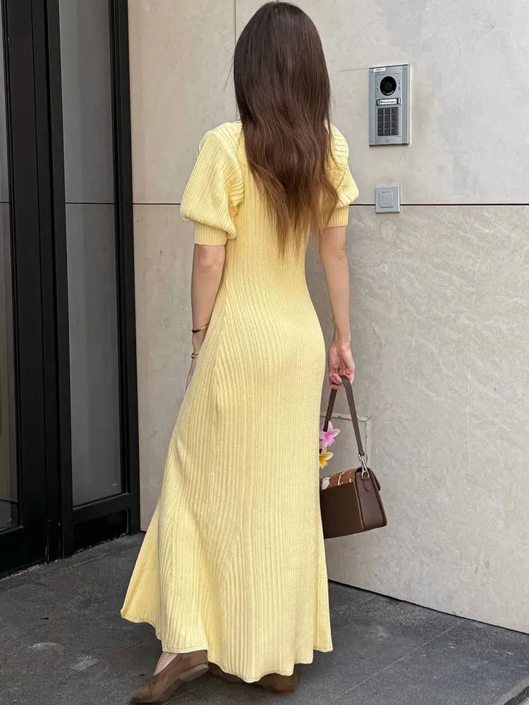 Ribbed Knit Mini Dress – V-Neck Short Puff Sleeve Dress with Button Front, Fitted Waist and Flared Hem for Casual & Summer Wear