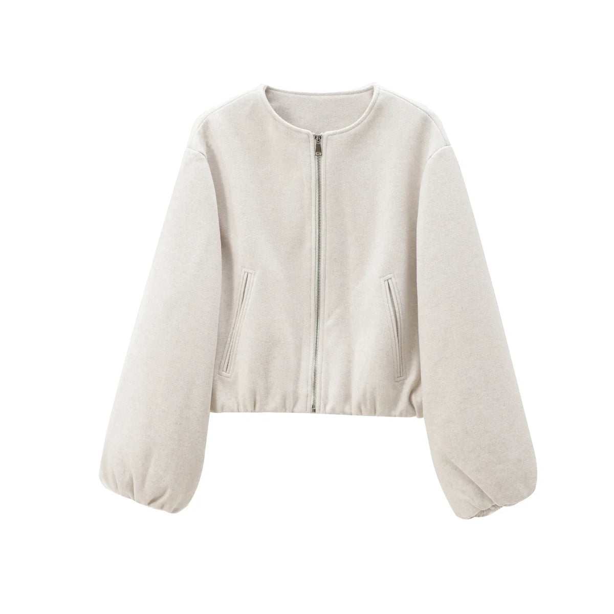 Women's Cropped Zip-Up Jacket, Minimalist Collarless Bomber Jacket, Long Sleeve Casual Lightweight Outerwear