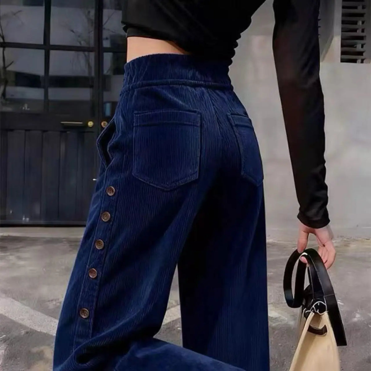 High Waisted Wide Leg Cargo Pants Button Side Detail Utility Trousers Loose Fit Casual Streetwear Full Length