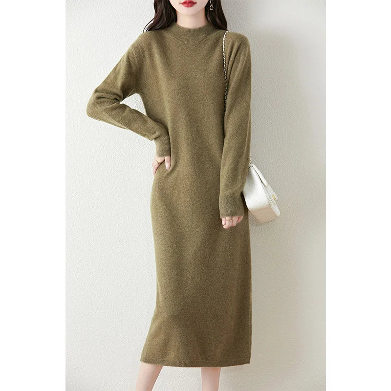 Long Sleeve Midi Dress – High Neck Ribbed Knit Dress with Slim Fit Silhouette, Stretch Fabric and Elegant Minimalist Design for Fall