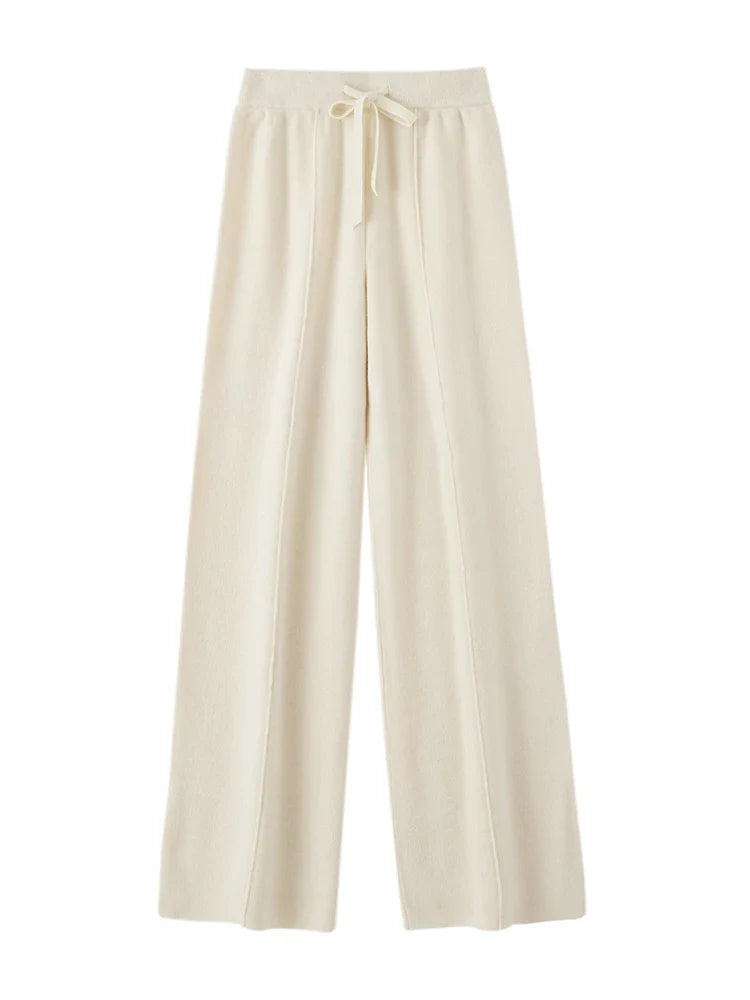 High Waisted Wide Leg Knit Pants Drawstring Relaxed Fit Straight Leg Trousers Soft Stretch Casual Lounge Bottoms