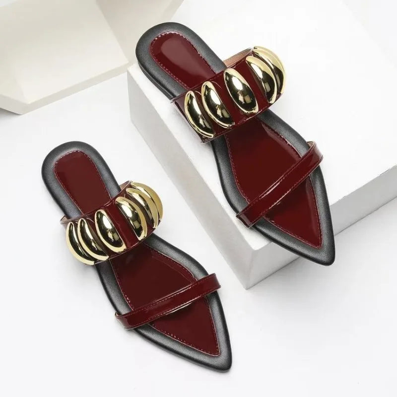 Pointed Toe Slide Sandals | Metallic Chain Strap Mules | Elegant Flat Summer Dress Shoes