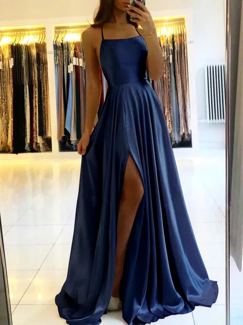 Satin Evening Gown – Strapless A-Line Maxi Dress with Pleated Skirt and High Slit for Weddings, Galas, Prom & Formal Events