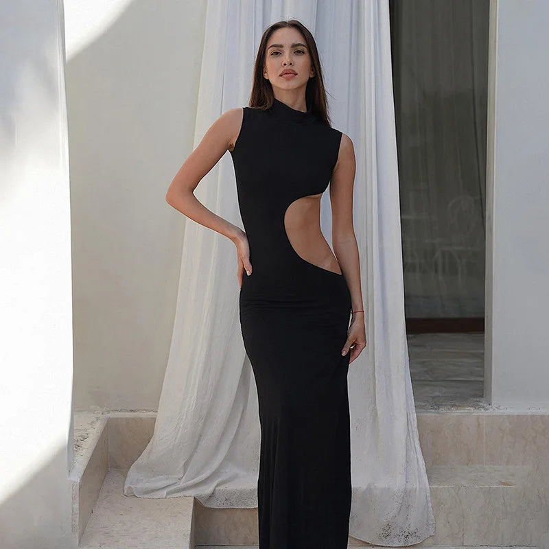 Cutout Bodycon Maxi Dress – Sleeveless High Neck Dress with Side Cutout Detail, Figure-Hugging Silhouette and Floor-Length Design for Parties