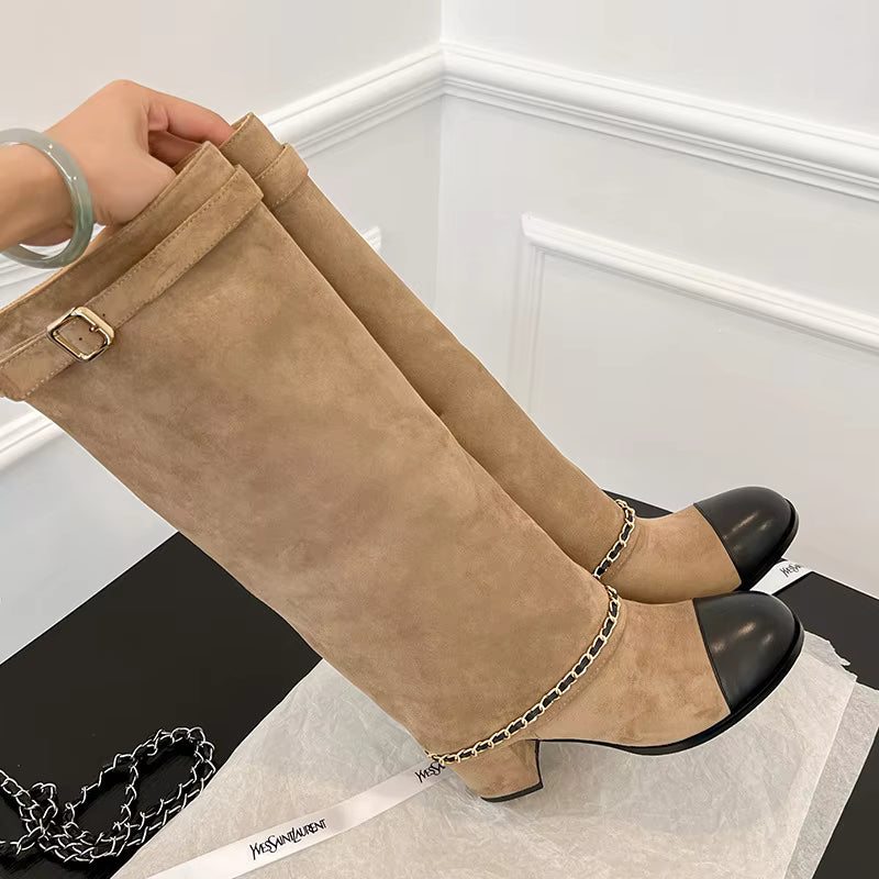 Knee High Suede Boots | Buckle Strap Block Heel Boots | Chain Detail Tall Fashion Booties