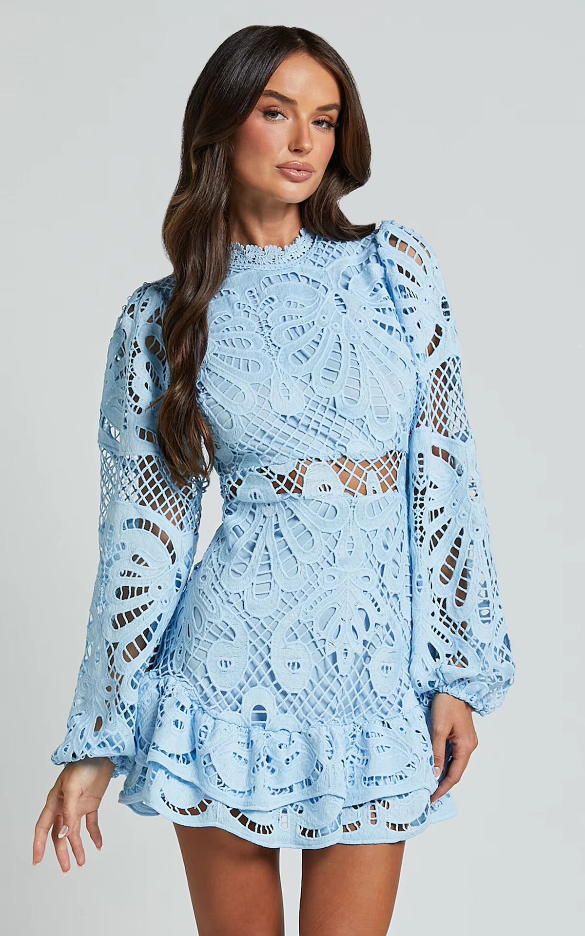 Lace Mini Dress – Long Sleeve Crochet Dress with High Neckline, Intricate Cutout Embroidery, Fitted Waist and Ruffle Hem