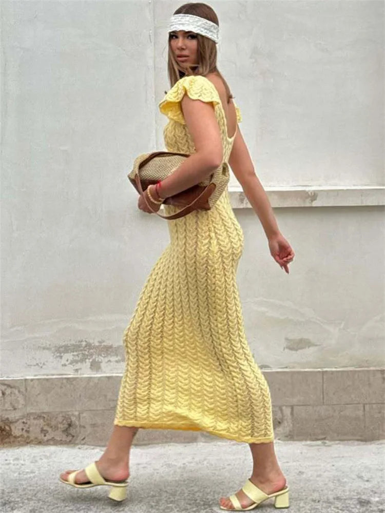 Knitted Maxi Dress – V-Neck Short Flutter Sleeve Dress with Textured Knit Pattern, Fitted Waist and Flowing Floor-Length Silhouette