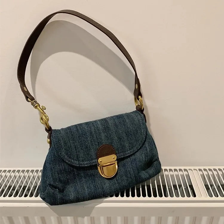 Denim Shoulder Bag, Mini Flap Handbag with Adjustable Strap, Vintage Casual Purse with Gold-Tone Buckle for Shopping, Dates & Everyday Use