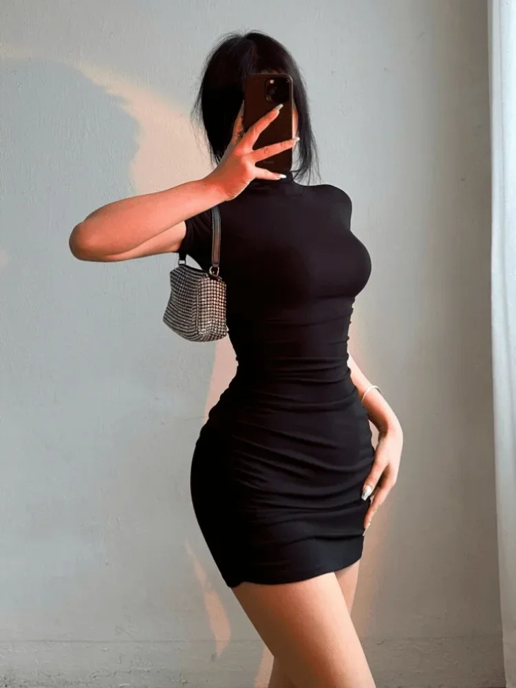 Ruched Bodycon Mini Dress – High Neck Sleeveless Dress with Fitted Silhouette, Gathered Waist and Chic Evening Style