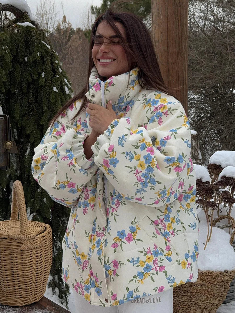 Floral Quilted Puffer Jacket, Oversized Hooded Winter Jacket with Front Pockets, Cozy Printed Cold Weather Outerwear