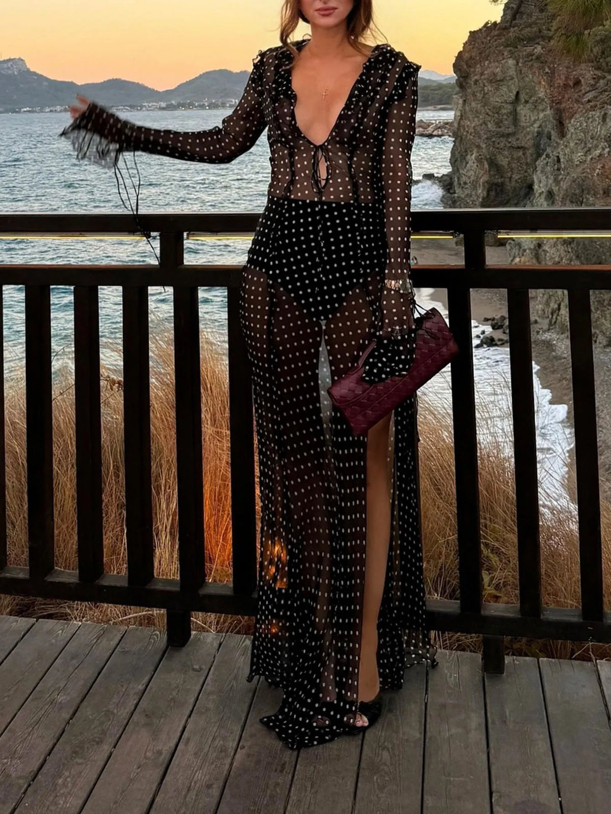 Polka Dot Maxi Dress – Sheer Long Sleeve Dress with Deep V Neck, Ruffle Trim, Front Tie Detail and High Side Slit