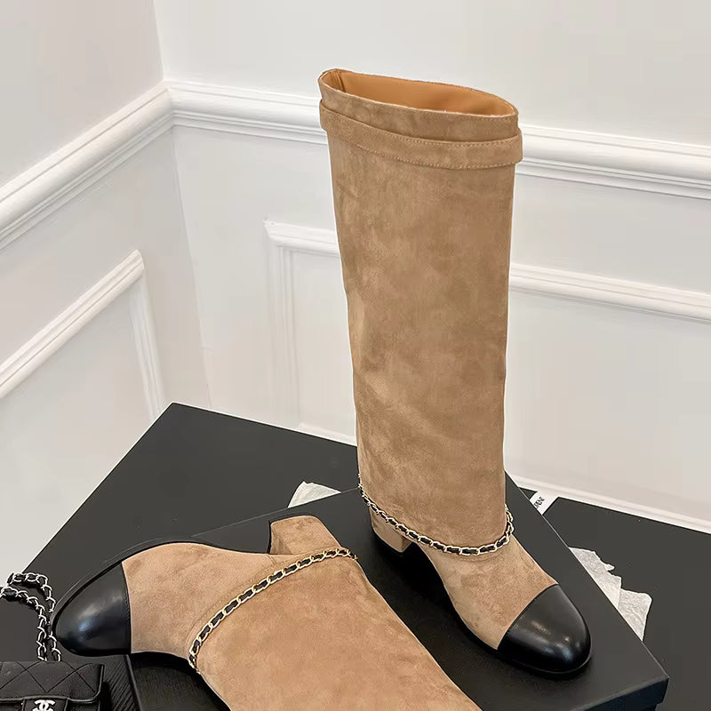 Knee High Suede Boots | Buckle Strap Block Heel Boots | Chain Detail Tall Fashion Booties