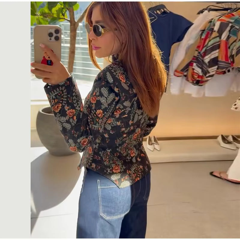 Floral Print Zip-Up Jacket, Stand Collar Lightweight Jacket with Long Sleeves and Vintage Botanical Pattern, Chic Casual Outerwear