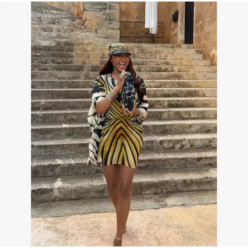 Printed Kaftan Mini Dress – Batwing Sleeve Tunic with Geometric Chevron Pattern, Adjustable Waist Tie and Flowing Asymmetrical Hem