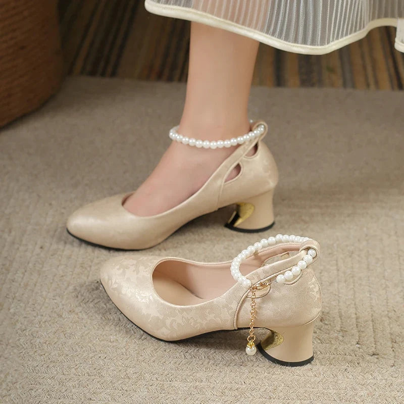 Pearl Strap Mary Jane Heels | Elegant Round Toe Pumps | Vintage Inspired Low Heel Dress Shoes