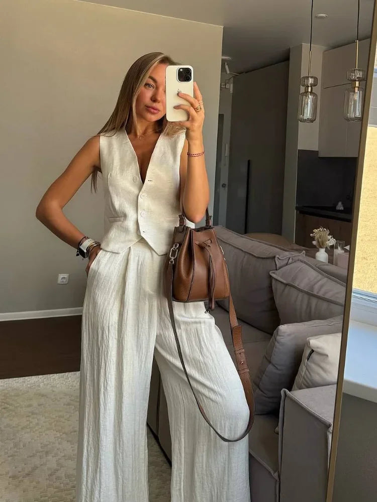 Sleeveless Vest Top & Wide Leg Pants Co-Ord Set | Tailored Two Piece Outfit | Elegant Casual & Vacation Matching Set