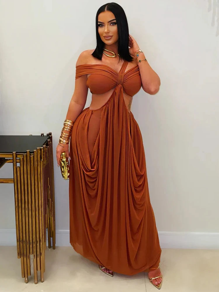 Off Shoulder Cutout Maxi Dress – Draped Halter Neck Dress with Ruched Bodice, Side Cutouts and Flowing Floor-Length Skirt for Parties