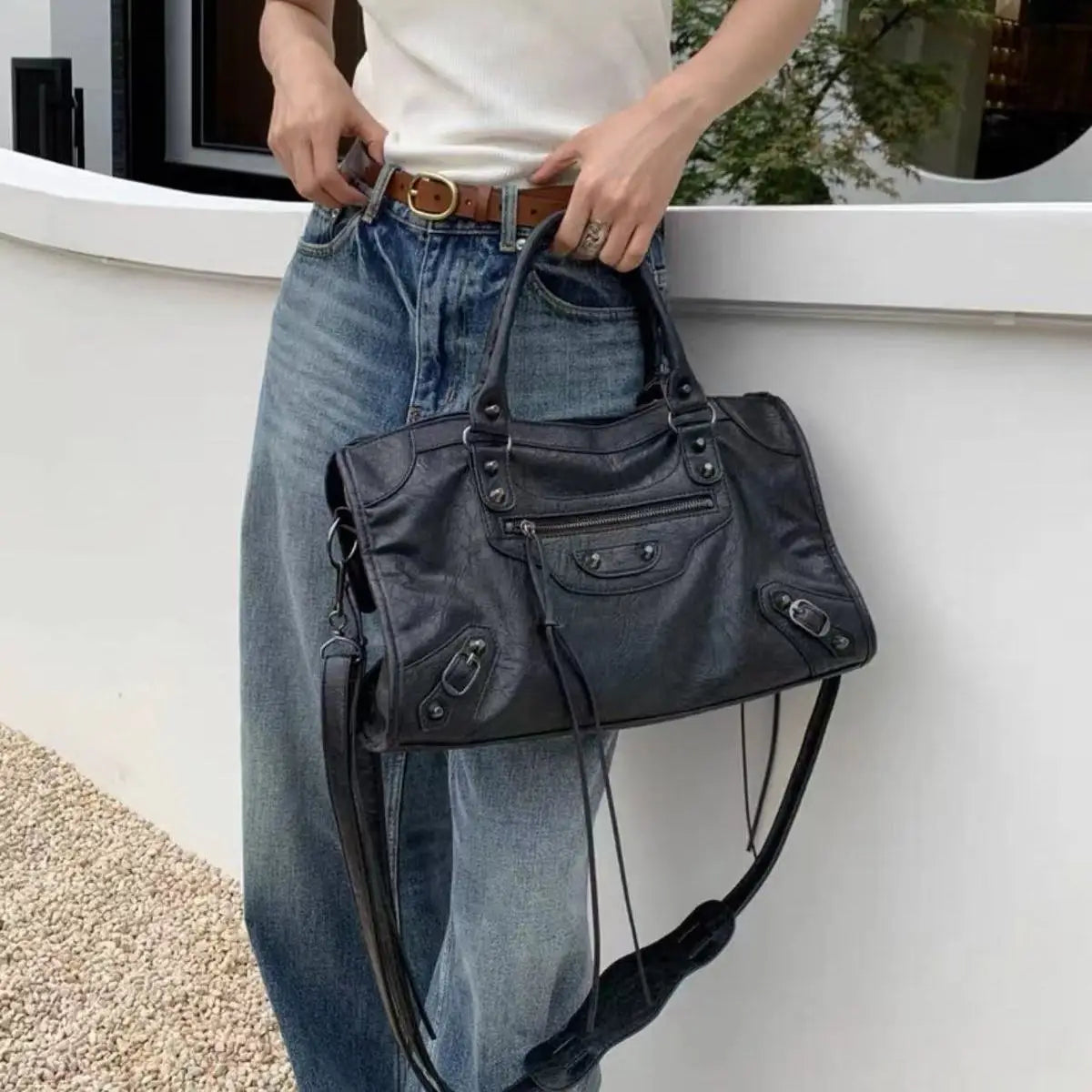 Vintage Motorcycle Style Handbag, Studded Leather-Look Satchel with Multiple Pockets, Top Handle Shoulder & Crossbody Purse for Casual Everyday Use