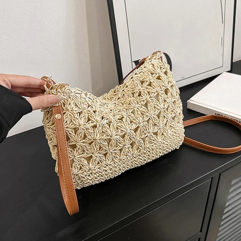 Crochet Shoulder Bag, Handmade-Style Woven Hobo Purse with Leather Accent Strap, Boho Summer Handbag for Beach, Travel & Everyday Use
