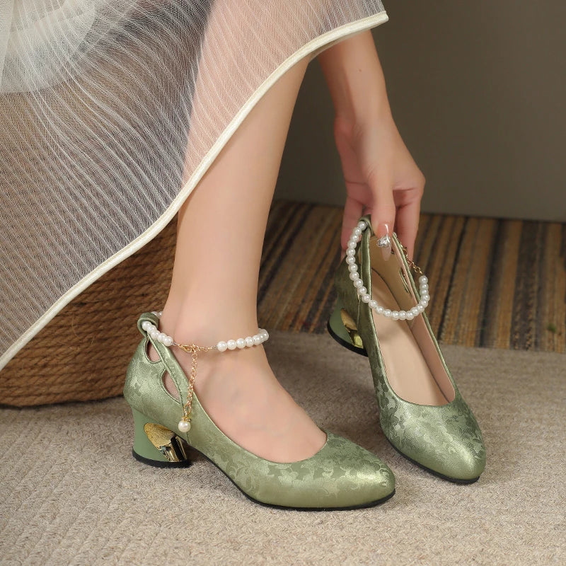 Pearl Strap Mary Jane Heels | Elegant Round Toe Pumps | Vintage Inspired Low Heel Dress Shoes