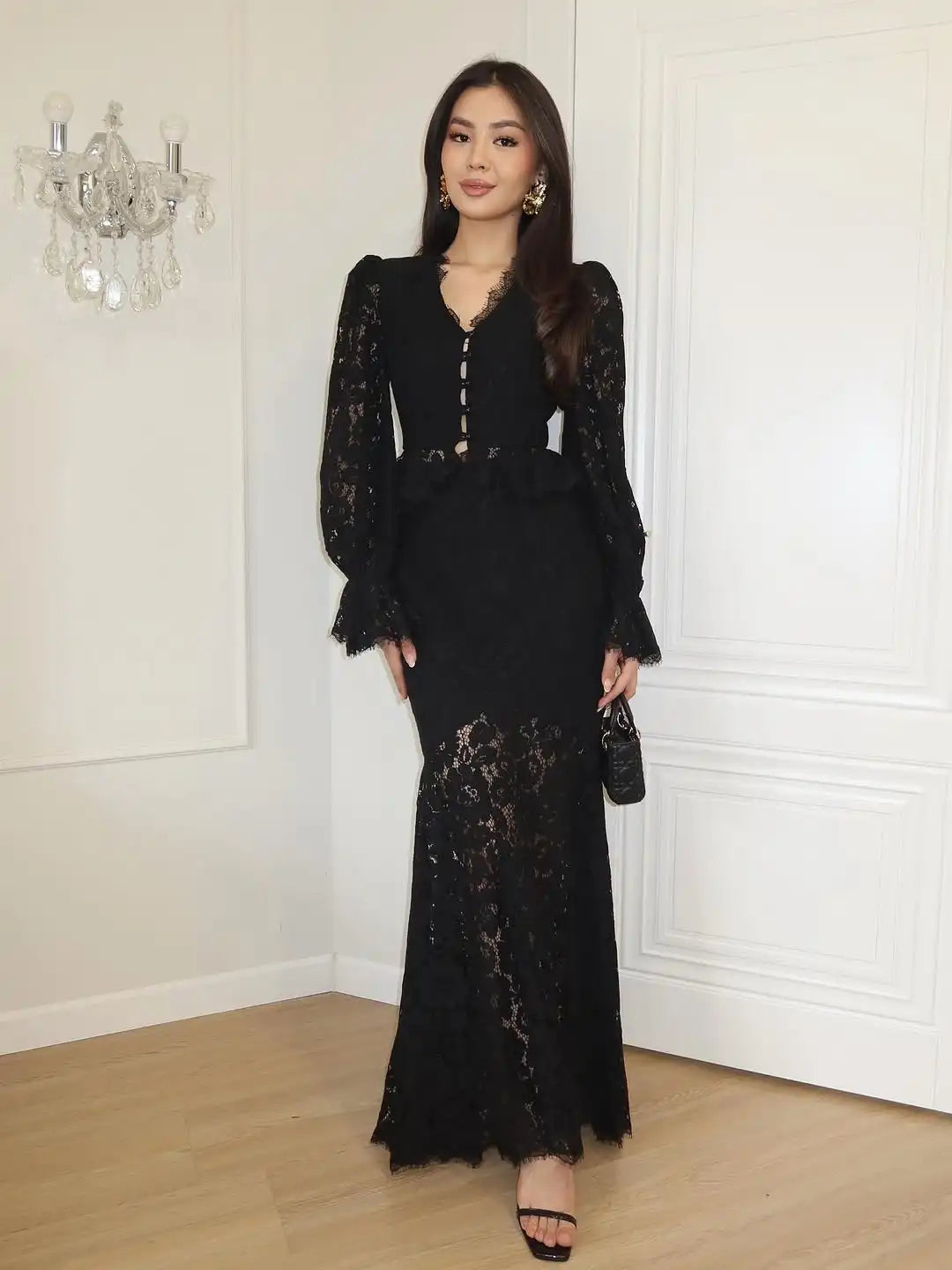 Lace Detail Long Sleeve Top & Flared Maxi Skirt Co-Ord Set | Elegant Two Piece Outfit | Romantic Wedding & Occasion Wear