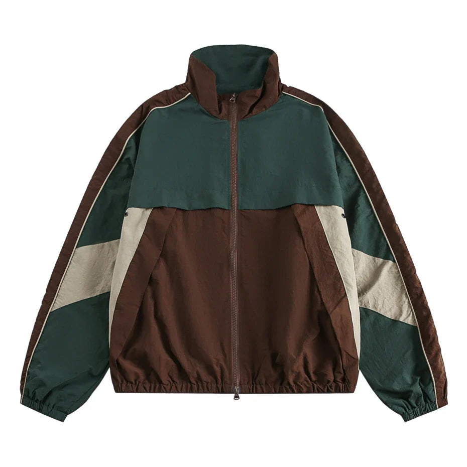 Color Block Windbreaker Jacket, Lightweight Zip-Up Track Jacket with Stand Collar and Elastic Cuffs, Retro Casual Outdoor Outerwear