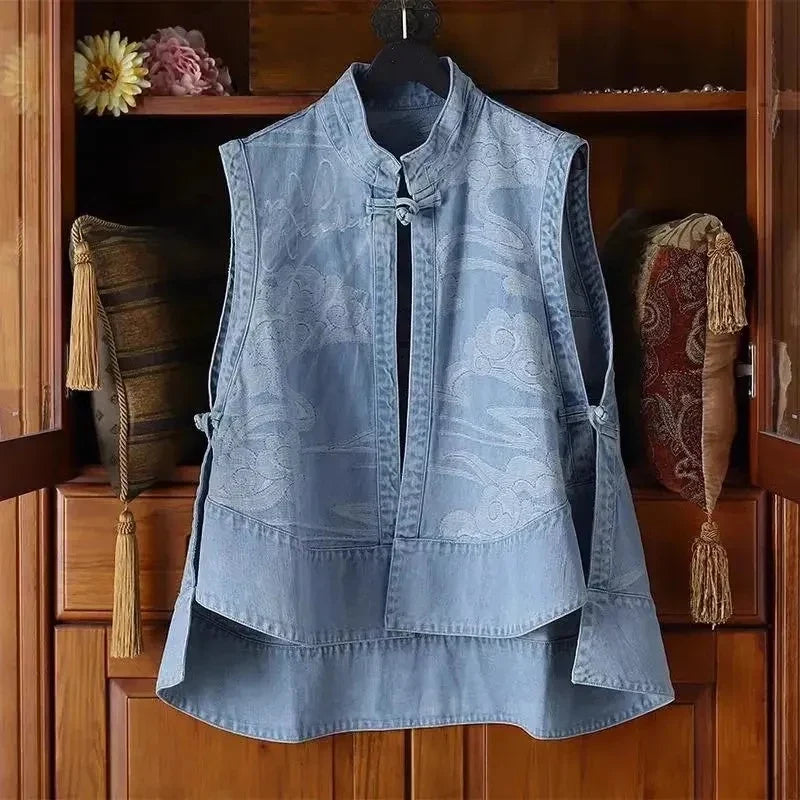 Denim A-Line Jacket, Sleeveless Button-Up Peplum Jacket with Flared Hem and Panel Detailing, Casual Spring Summer Outerwear