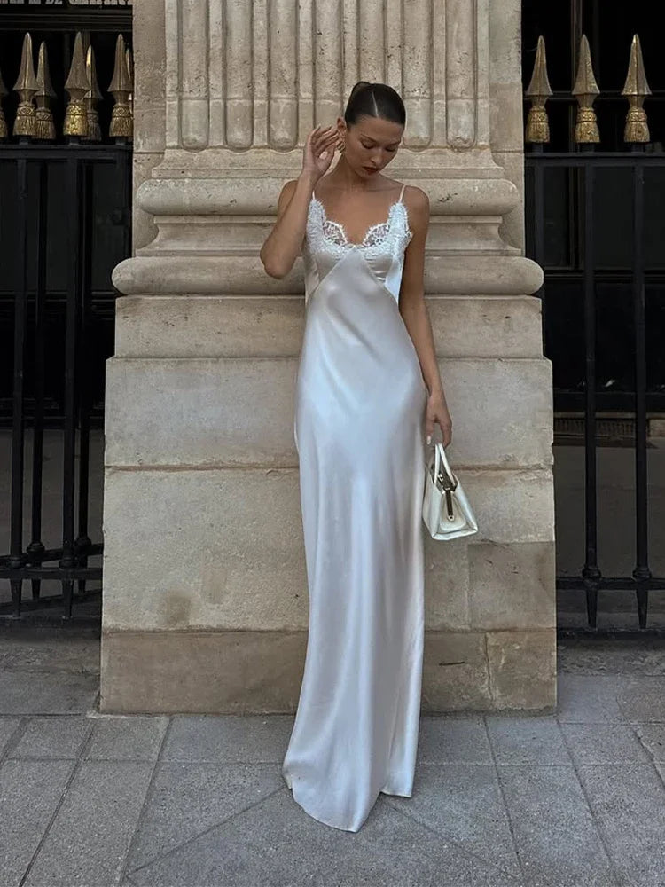 Satin Maxi Dress – Sleeveless Cowl Neck Dress with Delicate Straps, Fitted Bodice and Flowing Floor-Length Silhouette for Weddings & Events