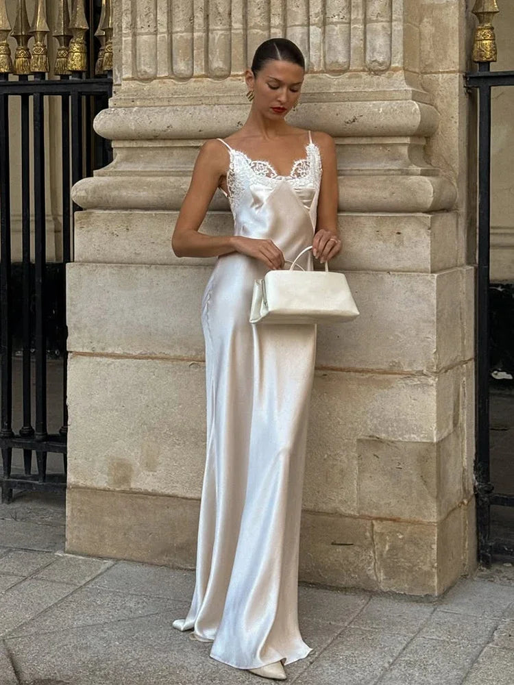 Satin Maxi Dress – Sleeveless Cowl Neck Dress with Delicate Straps, Fitted Bodice and Flowing Floor-Length Silhouette for Weddings & Events