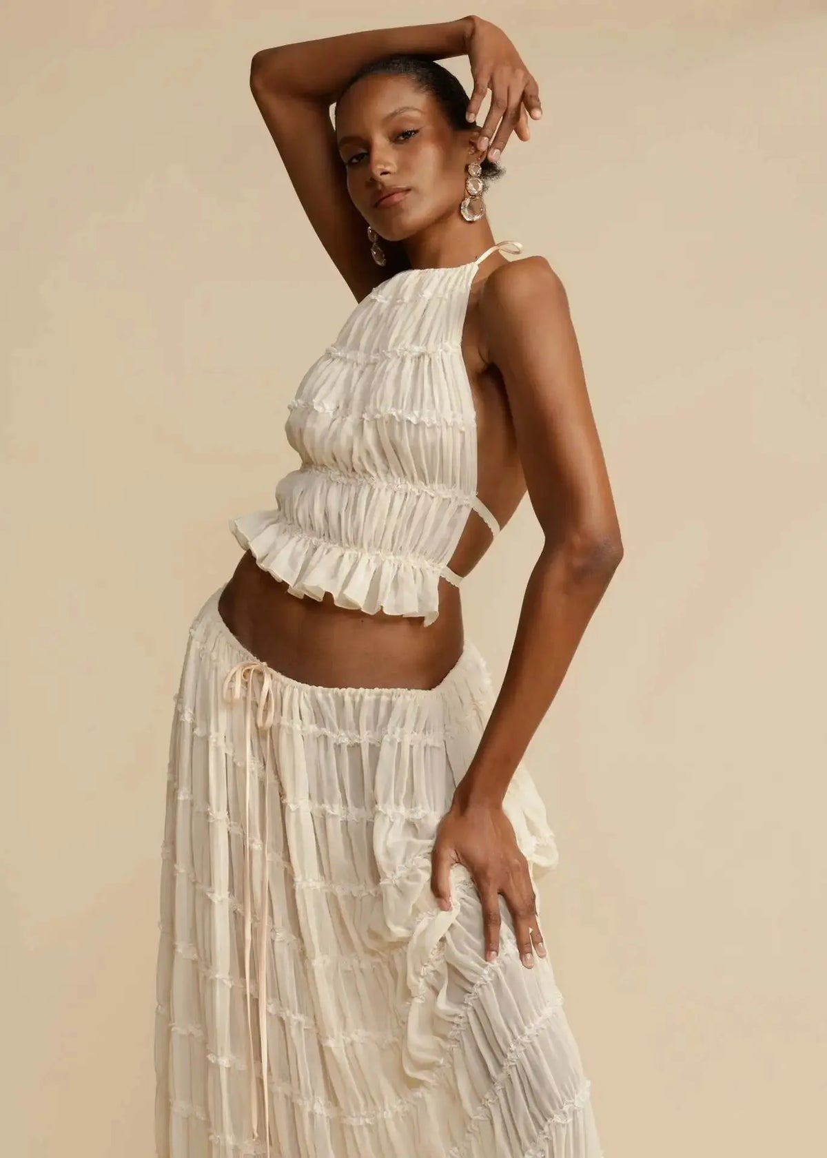 Halter Crochet Crop Top & Maxi Skirt Co-Ord Set | Sleeveless Two Piece Open Knit Outfit | Chic Beach Vacation & Resort Matching Set