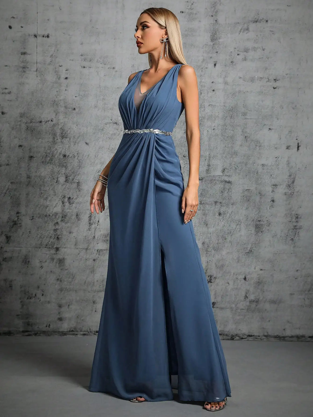 Satin A-Line Maxi Dress – Sleeveless V-Neck Evening Gown with Ruched Bodice, Embellished Waist and Flowing Floor-Length Skirt