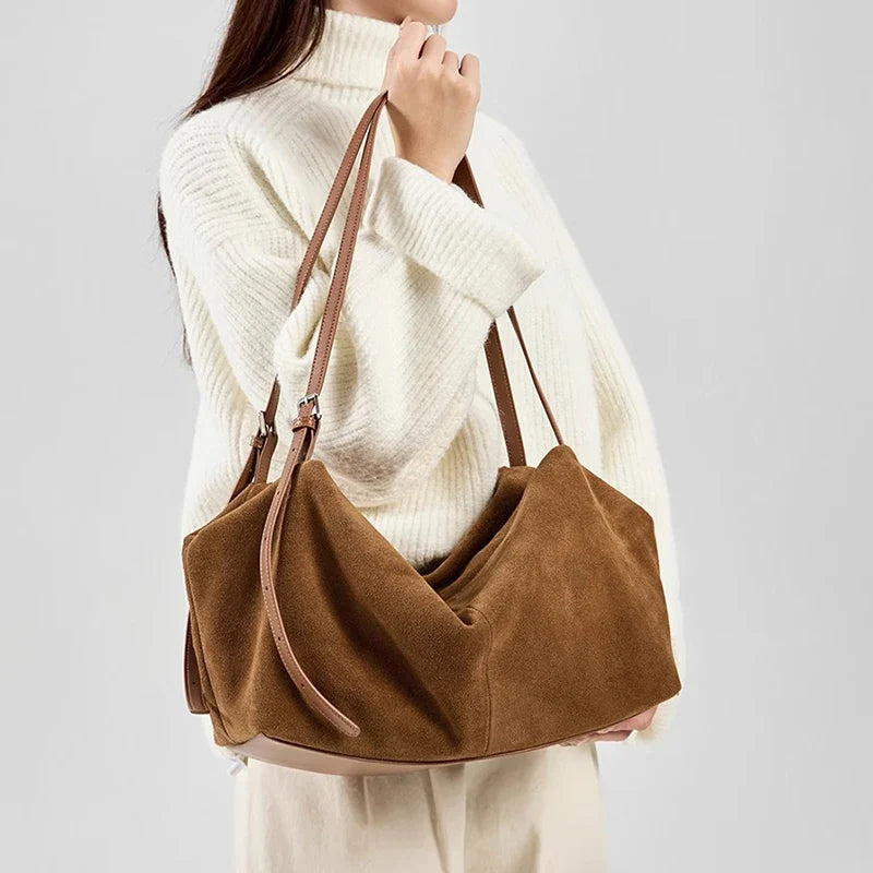 Suede Hobo Shoulder Bag, Slouchy Tote Handbag with Long Handles, Soft Casual Purse for Shopping, Travel & Everyday Use