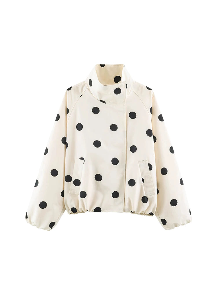 Polka Dot Windbreaker Jacket, High Neck Zip-Up Jacket with Elastic Cuffs and Drawstring Hem, Lightweight Casual Outerwear