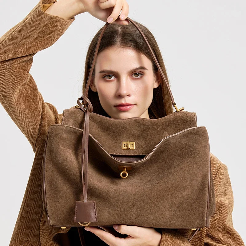 Vintage Suede Handbag, Structured Satchel Purse with Top Handles, Elegant Shoulder Bag with Flap Closure for Work, Travel & Everyday Use