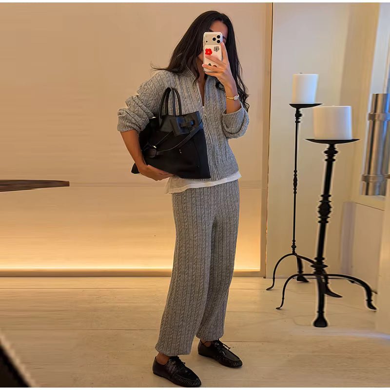 Cable Knit Sweater &amp; Wide Leg Pants Co-Ord Set | Oversized Two Piece Knit Outfit | Cozy Fall &amp; Winter Lounge Matching Set