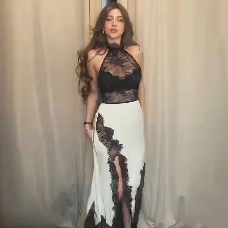 Lace Halter Maxi Dress – Satin Evening Gown with Sheer Lace Bodice, High Neckline, Contrast Lace Trim and Thigh High Slit