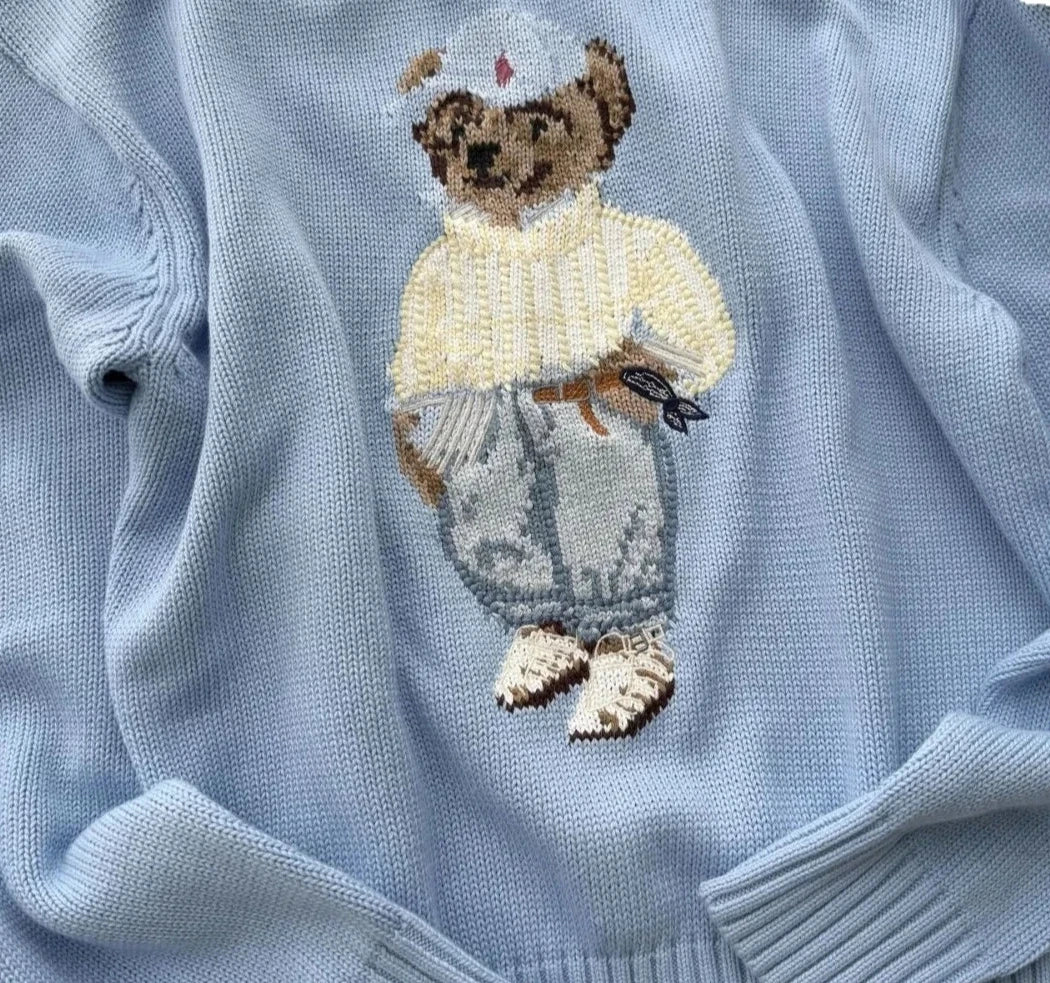Bear Embroidered Knit Sweater, Cute Crewneck Pullover with Character Motif and Ribbed Trim, Cozy Casual Winter Knitwear