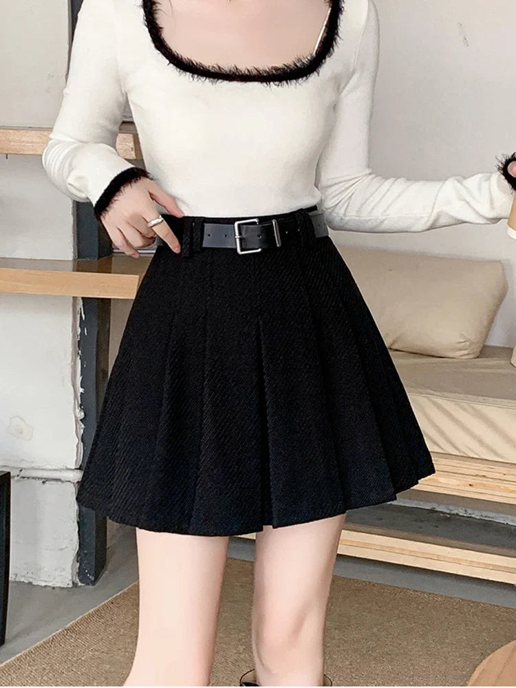 High Waisted Pleated Mini Skirt A Line Flared Skater Skirt Belted School Preppy Casual Party Bottomwear