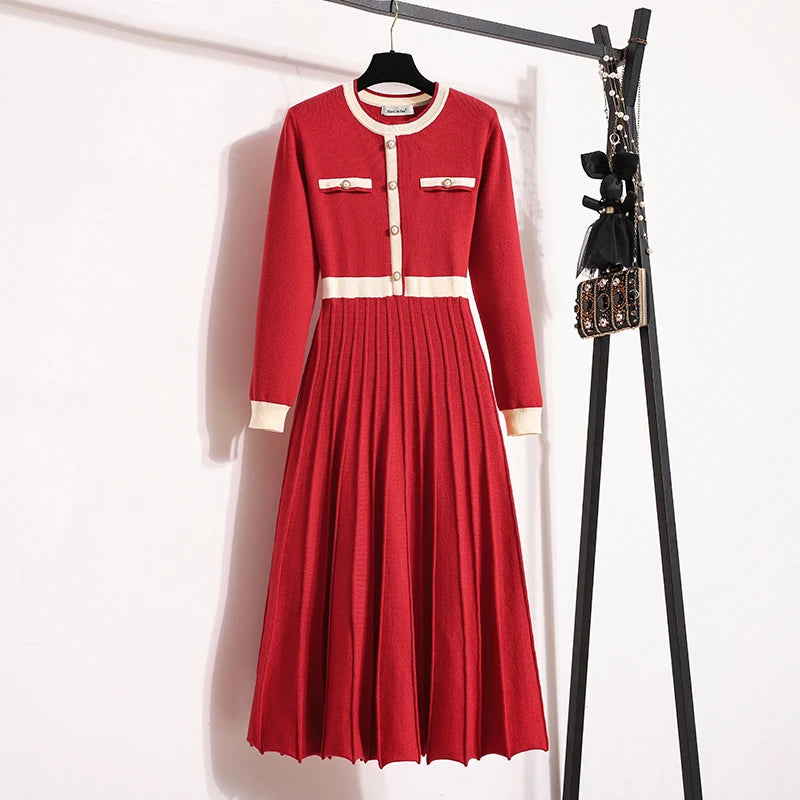 Pleated Midi Dress – Long Sleeve Knit Dress with Button Front, Contrast Trim, Fitted Bodice and Elegant A-Line Skirt for Fall