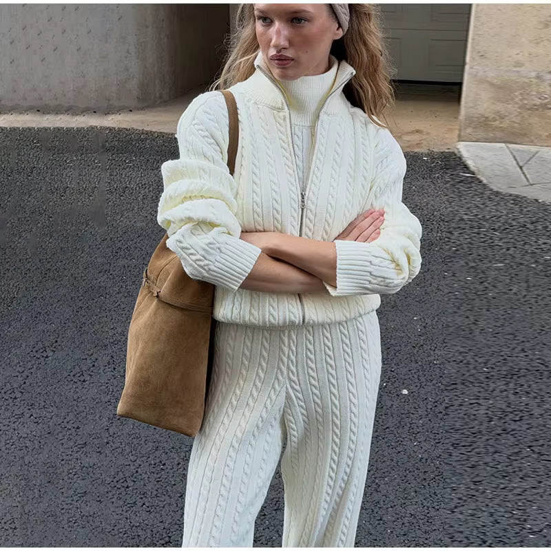 Cable Knit Sweater &amp; Wide Leg Pants Co-Ord Set | Oversized Two Piece Knit Outfit | Cozy Fall &amp; Winter Lounge Matching Set