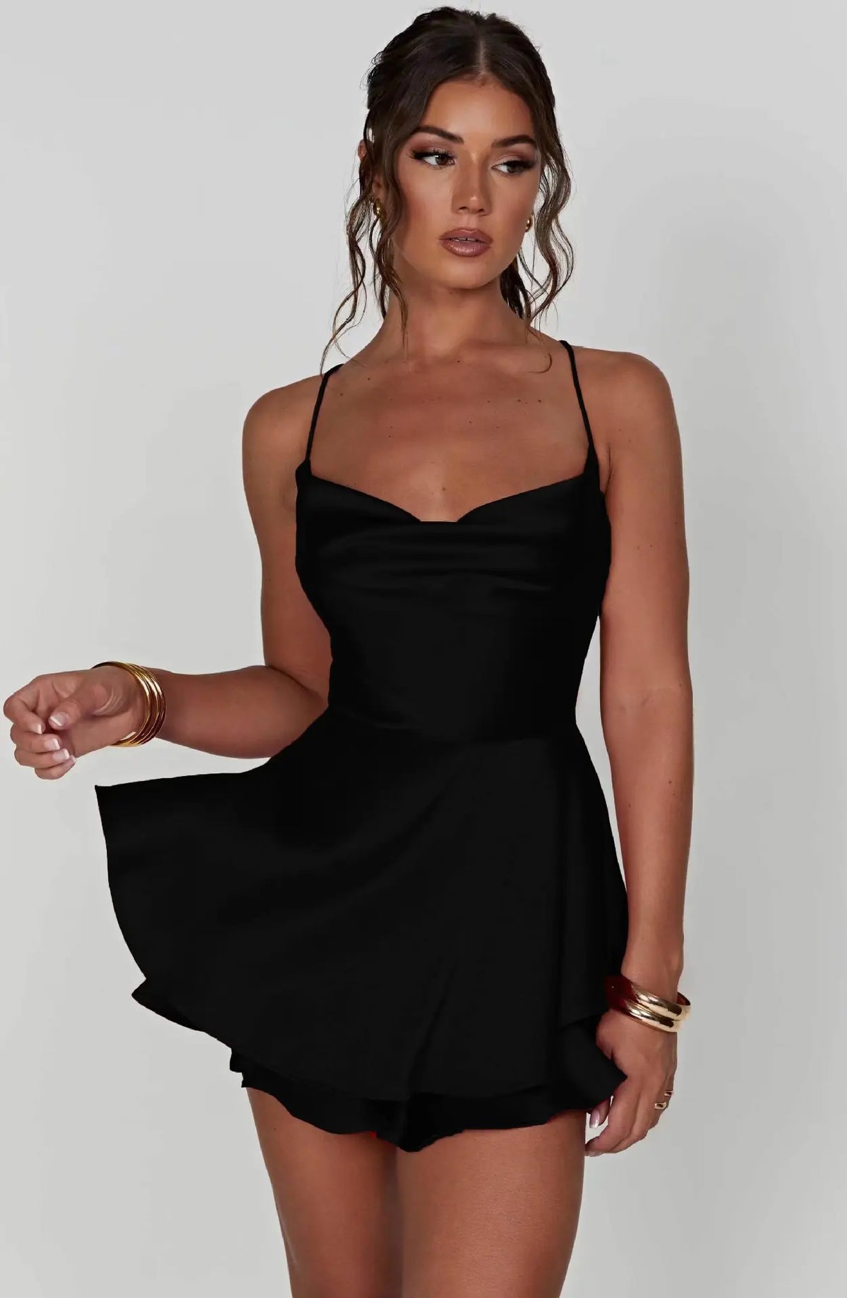 Satin Mini Dress – Cowl Neck Spaghetti Strap Dress with Fitted Bodice, Flared Skirt and Layered Hem for Parties & Date Nights