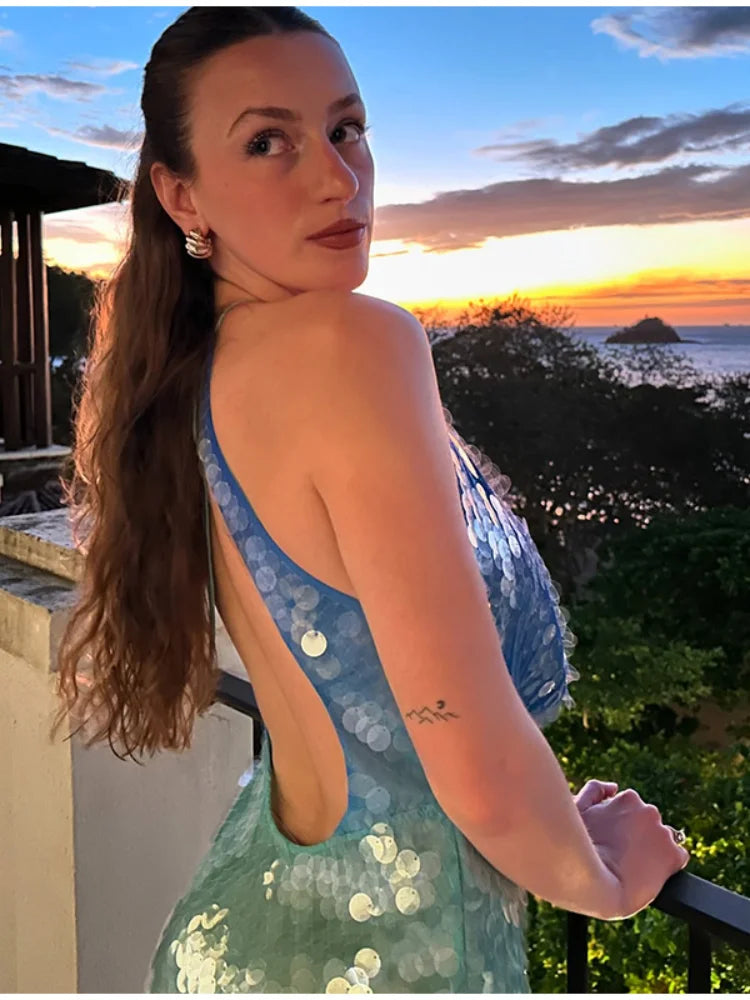 Halter Mini Dress – Sleeveless Keyhole Neck Dress with Draped Bodice, Figure-Hugging Silhouette and Textured Finish for Parties & Vacations