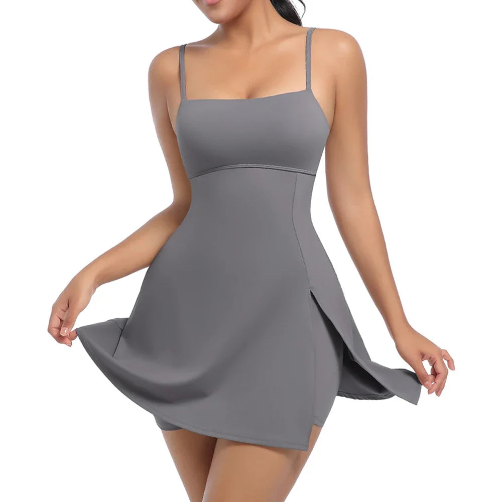 A-Line Mini Dress – Spaghetti Strap Square Neck Dress with Flared Skirt, Fitted Bodice and Side Slit for Vacations & Summer Outings